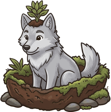 Loam, the mascot: a silver wolf sitting in a bowl of soil, a sprout growing from its head